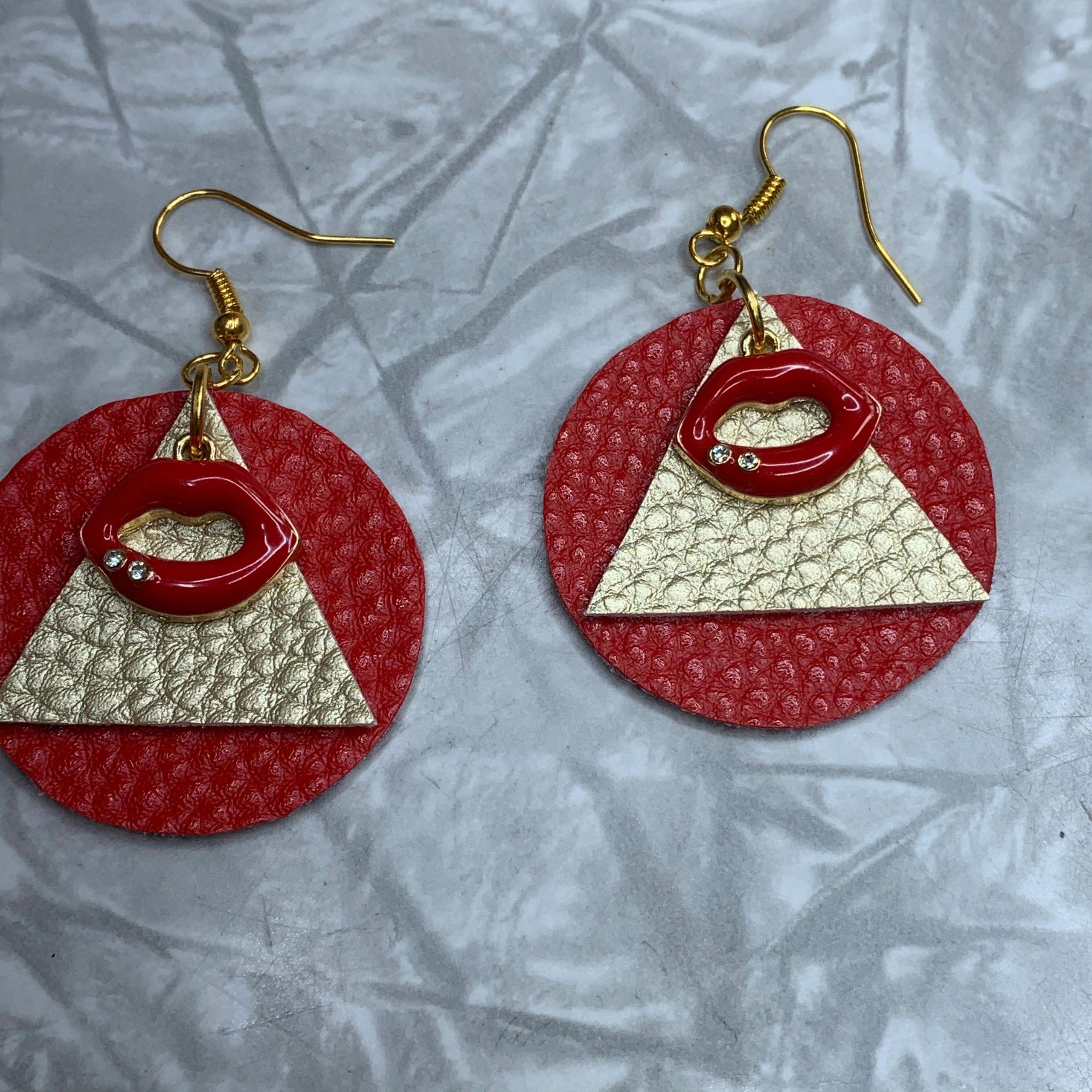 80s Red Leather Circle with Gold Triangle and Lips